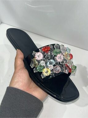 Black Slide Sandals with Multicolor Crystal Gem Accents